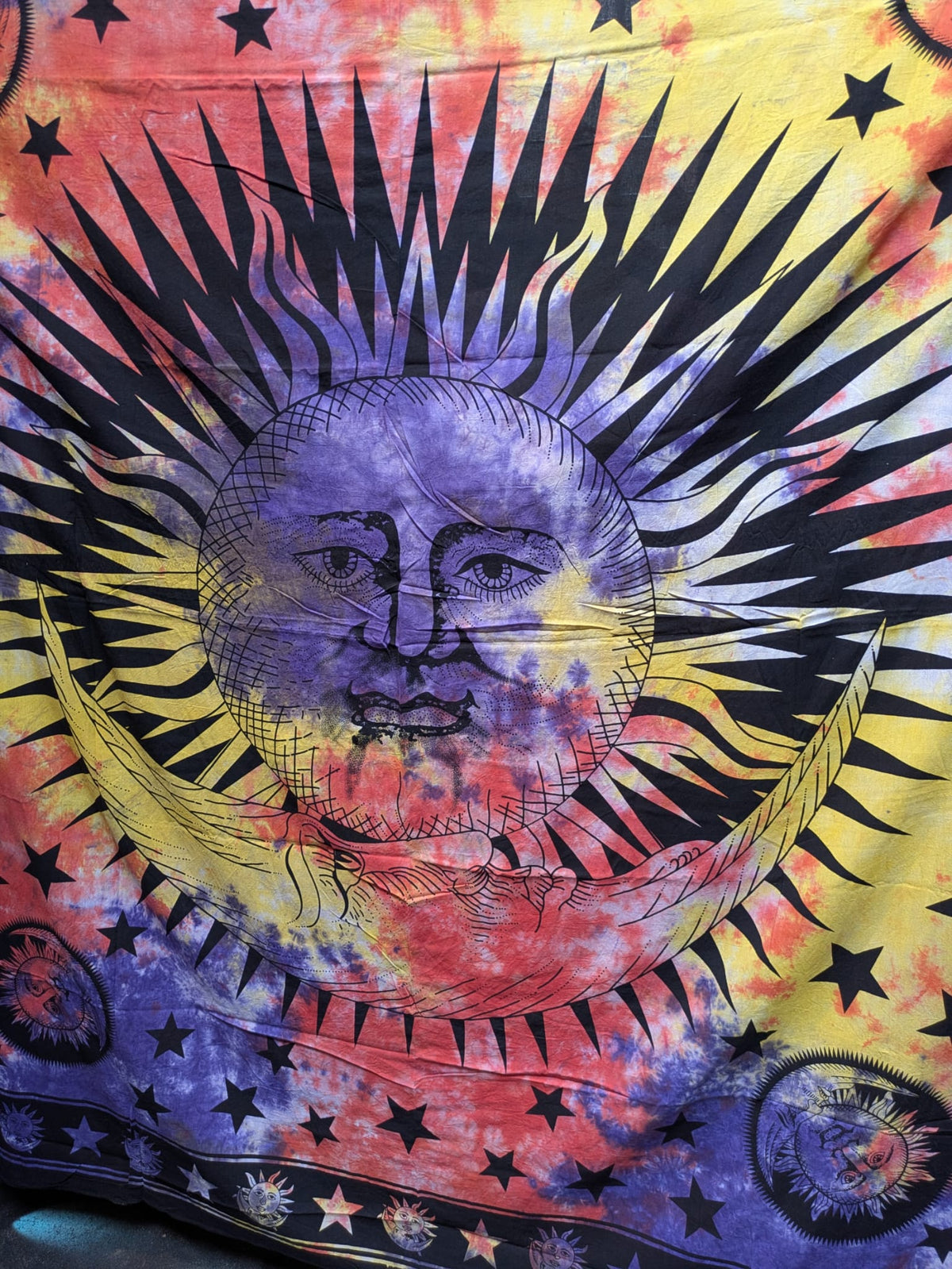 Sun & Moon face Multicolour Traditional Large double bedspread wall hanging tapestry 210cm x 240cm