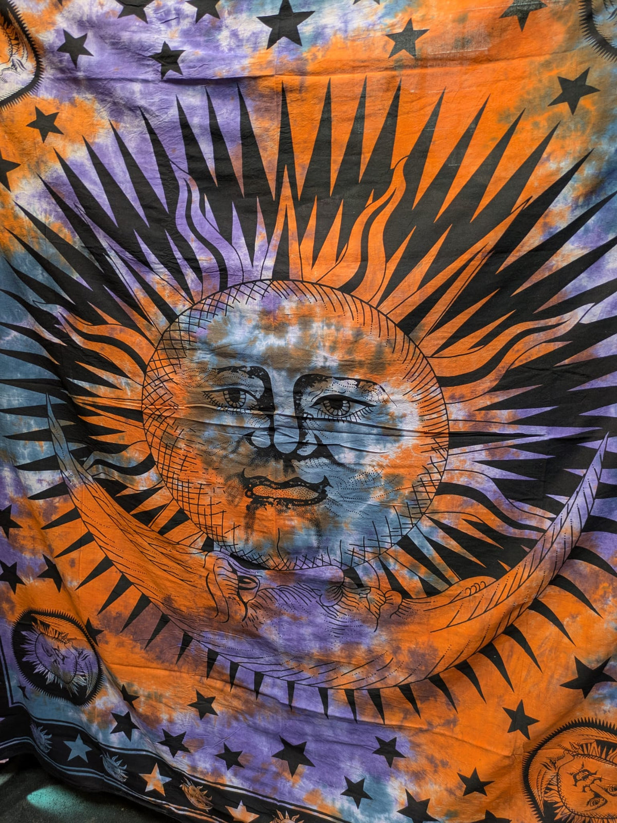Sun & Moon face Multicolour Traditional Large double bedspread wall hanging tapestry 210cm x 240cm