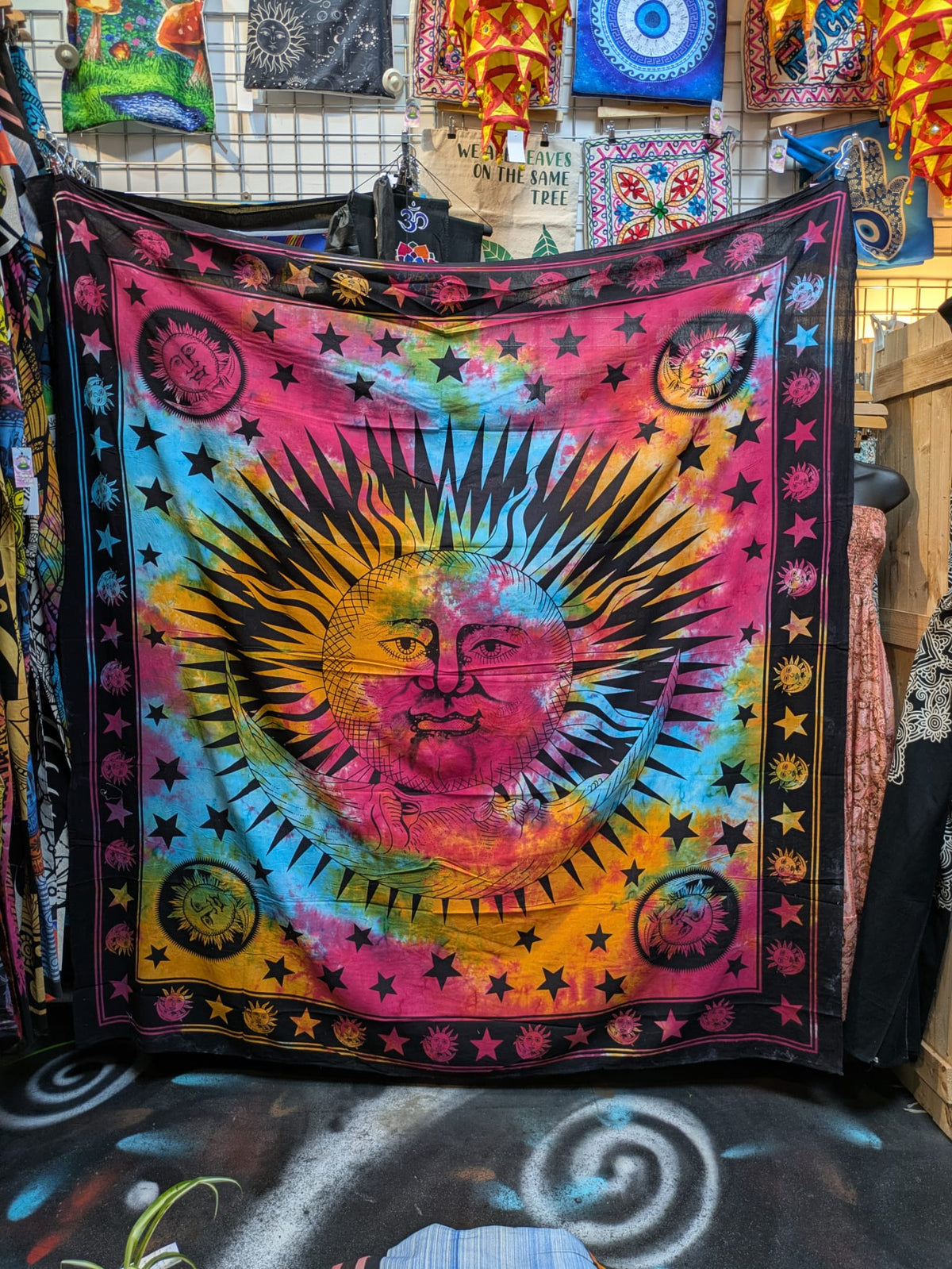 Sun & Moon face Multicolour Traditional Large double bedspread wall hanging tapestry 210cm x 240cm