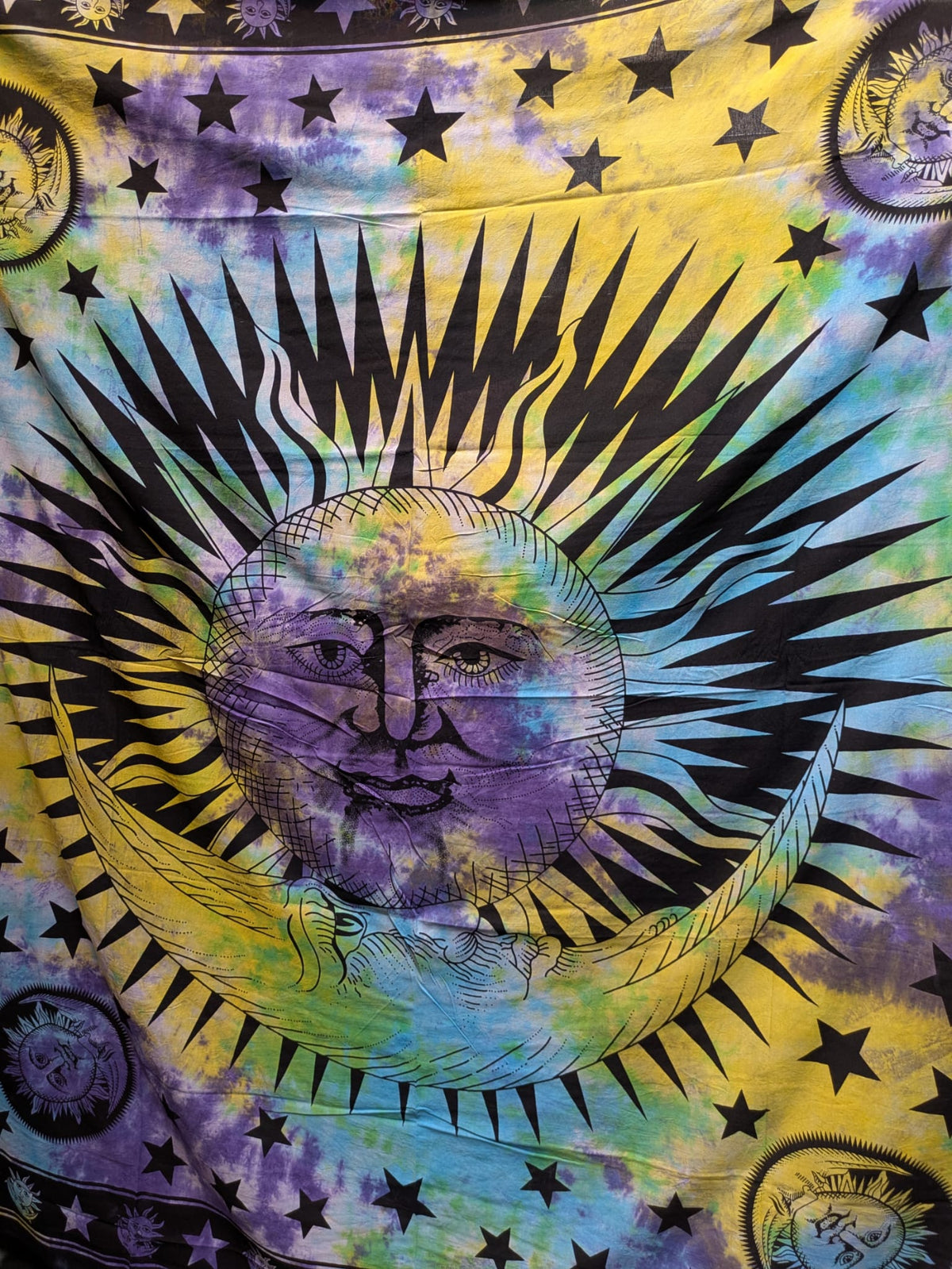 Sun & Moon face Multicolour Traditional Large double bedspread wall hanging tapestry 210cm x 240cm