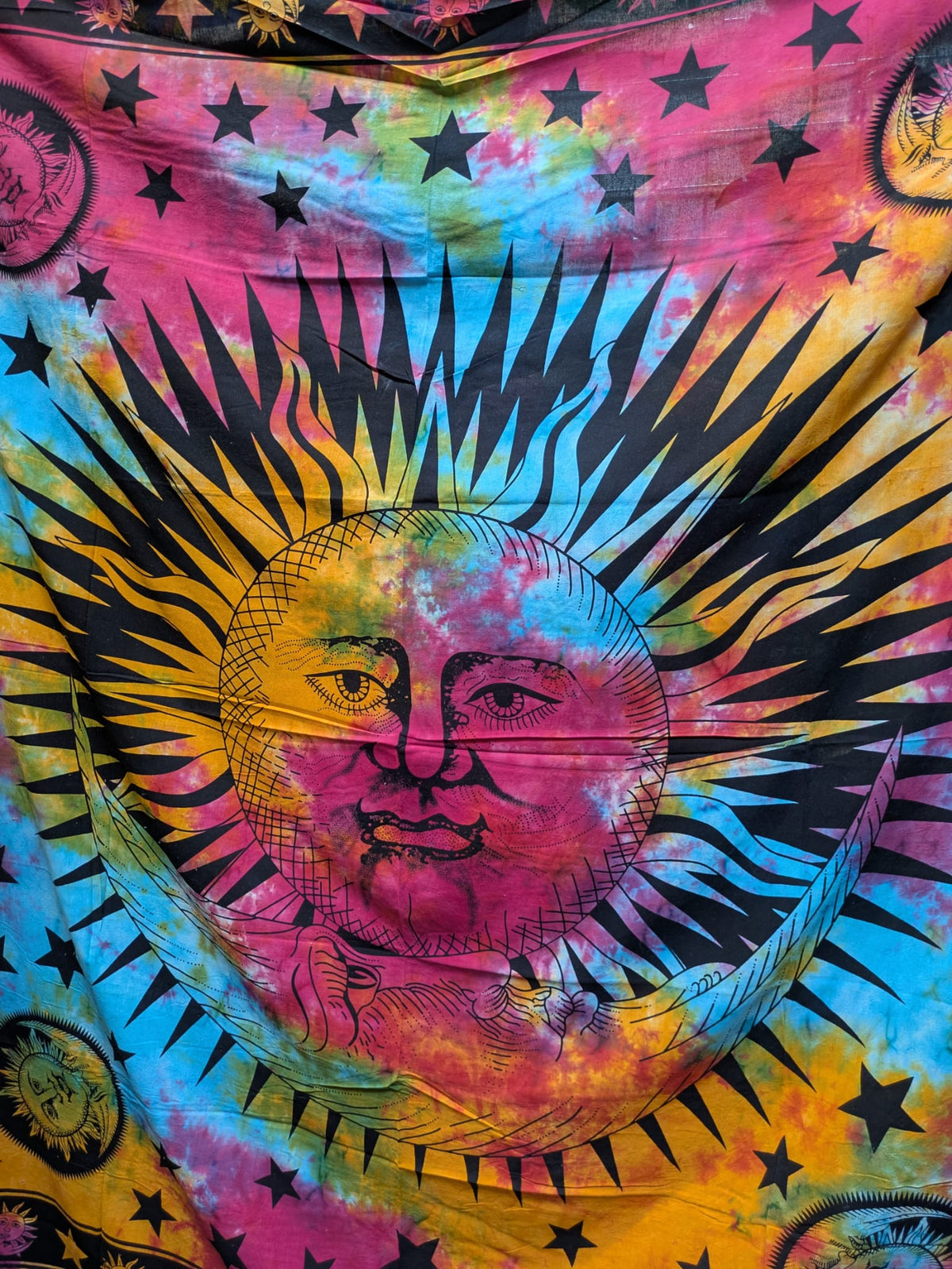 Sun & Moon face Multicolour Traditional Large double bedspread wall hanging tapestry 210cm x 240cm