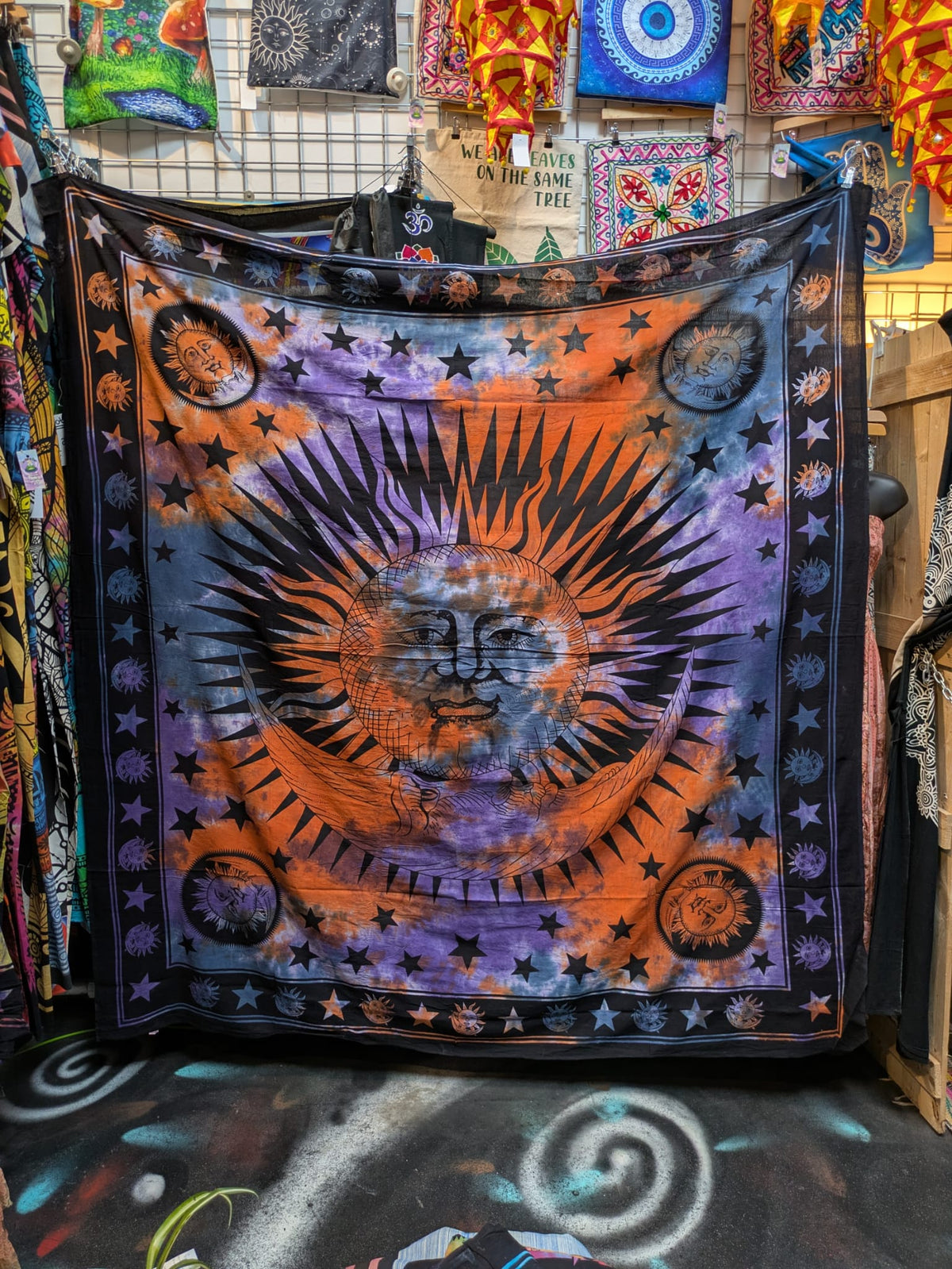 Sun & Moon face Multicolour Traditional Large double bedspread wall hanging tapestry 210cm x 240cm