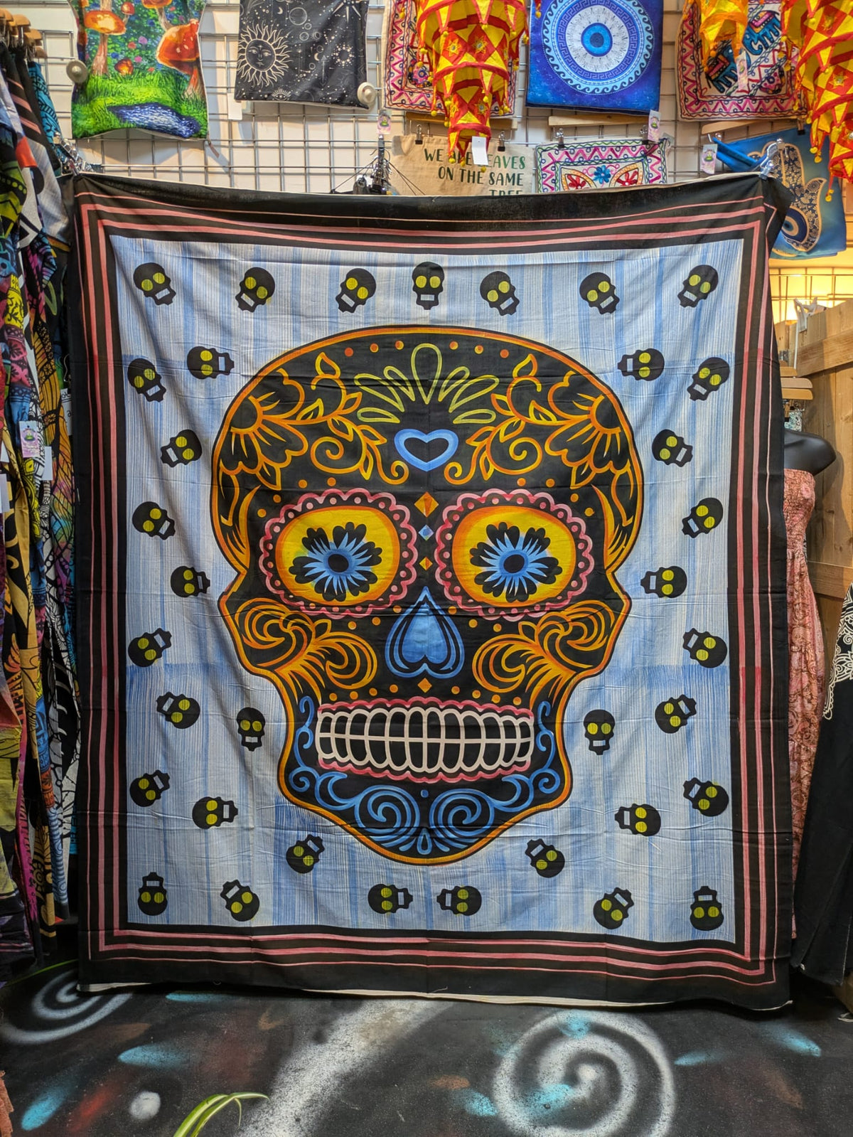 Sugar Candy Skull Day of the Dead Multicolour painted Large double bedspread wall hanging tapestry 210cm x 240cm
