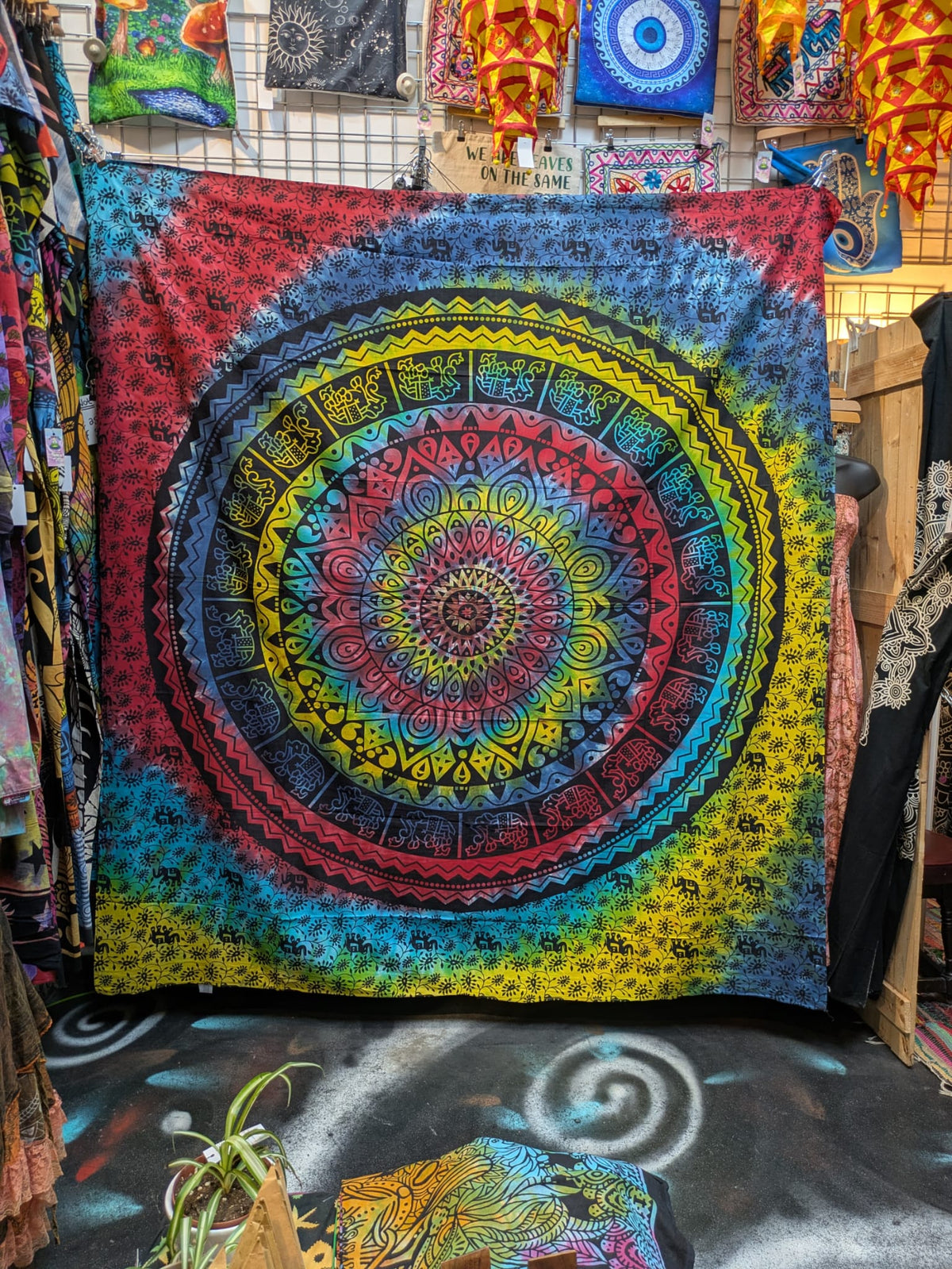 Elephant Mandala Multicolour tie dye spiral Large double bedspread wall hanging tapestry 210cm x 240cm