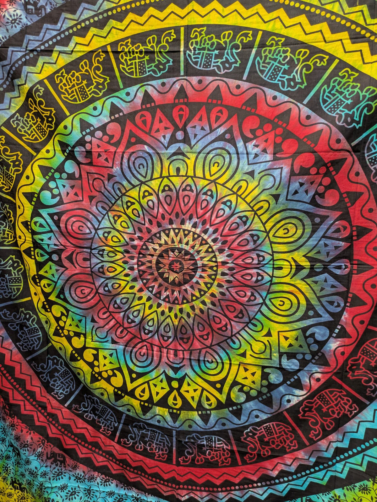 Elephant Mandala Multicolour tie dye spiral Large double bedspread wall hanging tapestry 210cm x 240cm