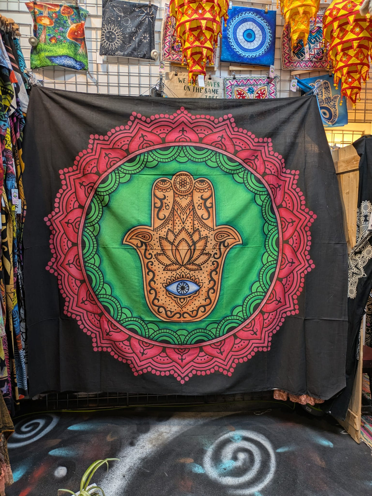 Hamsa Hand evil eye Mandala Black with Colour Large bedspread wall hanging tapestry