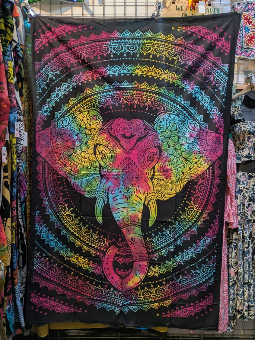 Elephant Mandala Rainbow Black bedspread wall hanging tapestry Single size