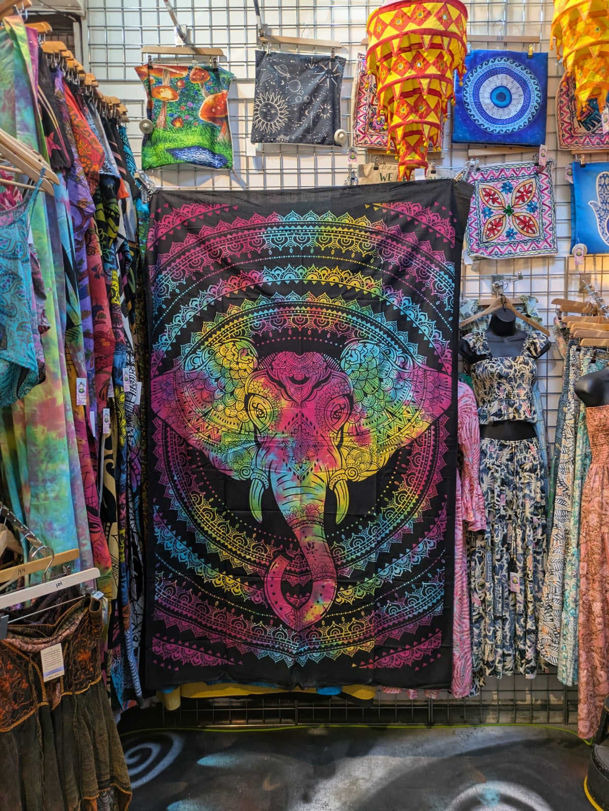 Elephant Mandala Rainbow Black bedspread wall hanging tapestry Single size