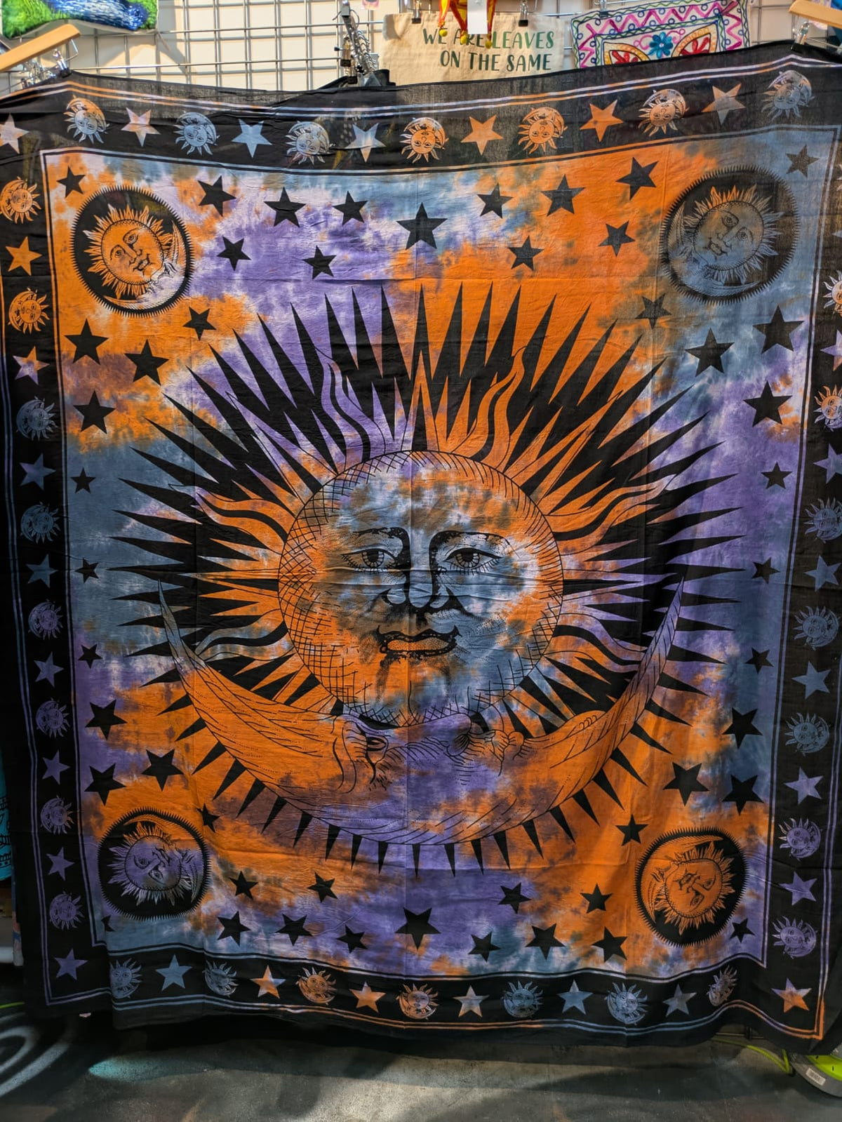 Sun & Moon face Multicolour Traditional Large double bedspread wall hanging tapestry 210cm x 240cm