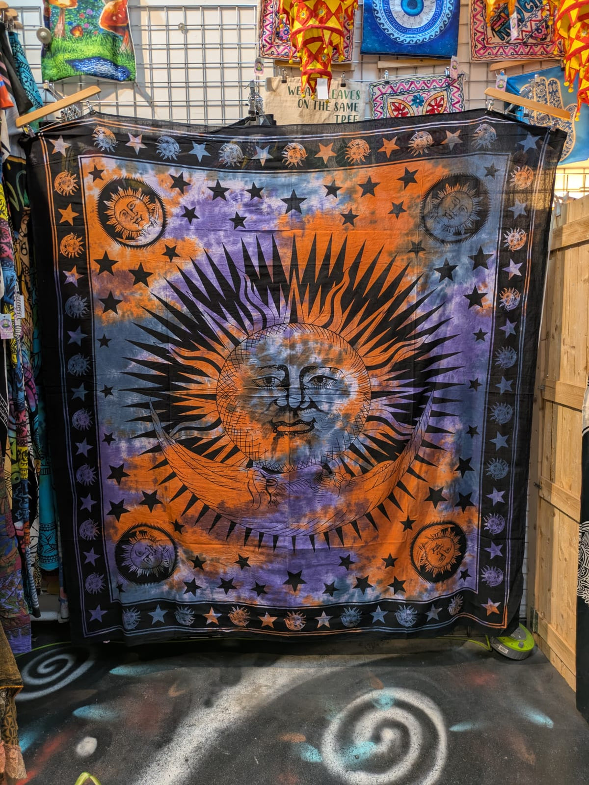 Sun & Moon face Multicolour Traditional Large double bedspread wall hanging tapestry 210cm x 240cm