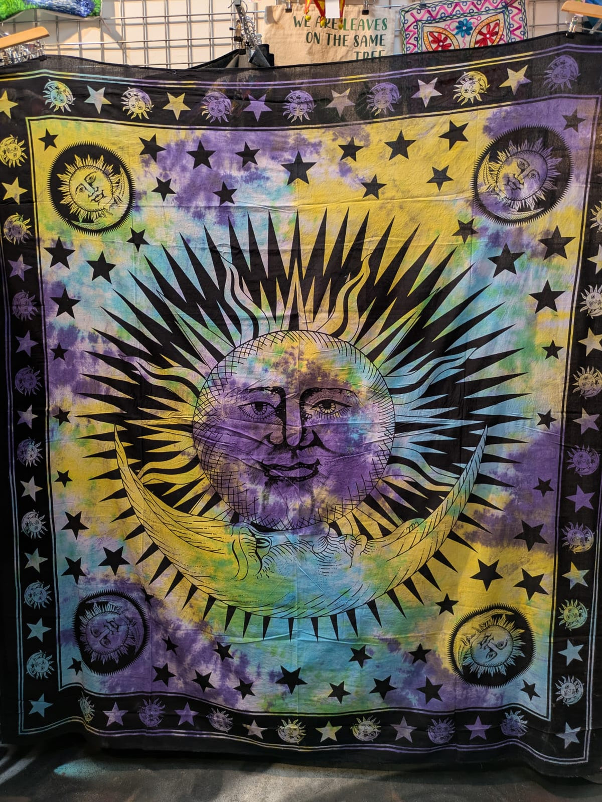 Sun & Moon face Multicolour Traditional Large double bedspread wall hanging tapestry 210cm x 240cm