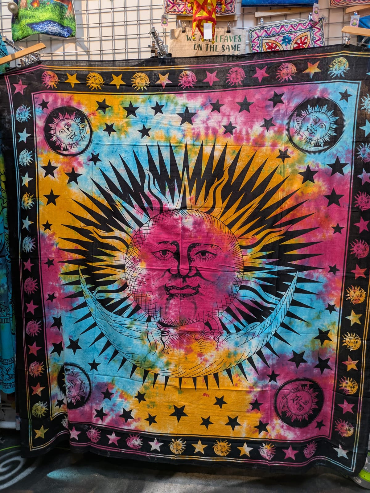 Sun & Moon face Multicolour Traditional Large double bedspread wall hanging tapestry 210cm x 240cm