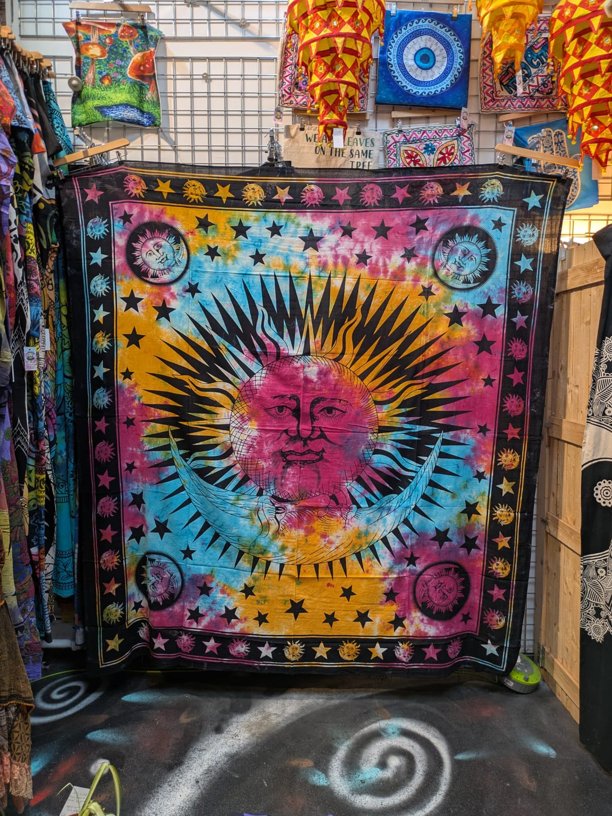 Sun & Moon face Multicolour Traditional Large double bedspread wall hanging tapestry 210cm x 240cm