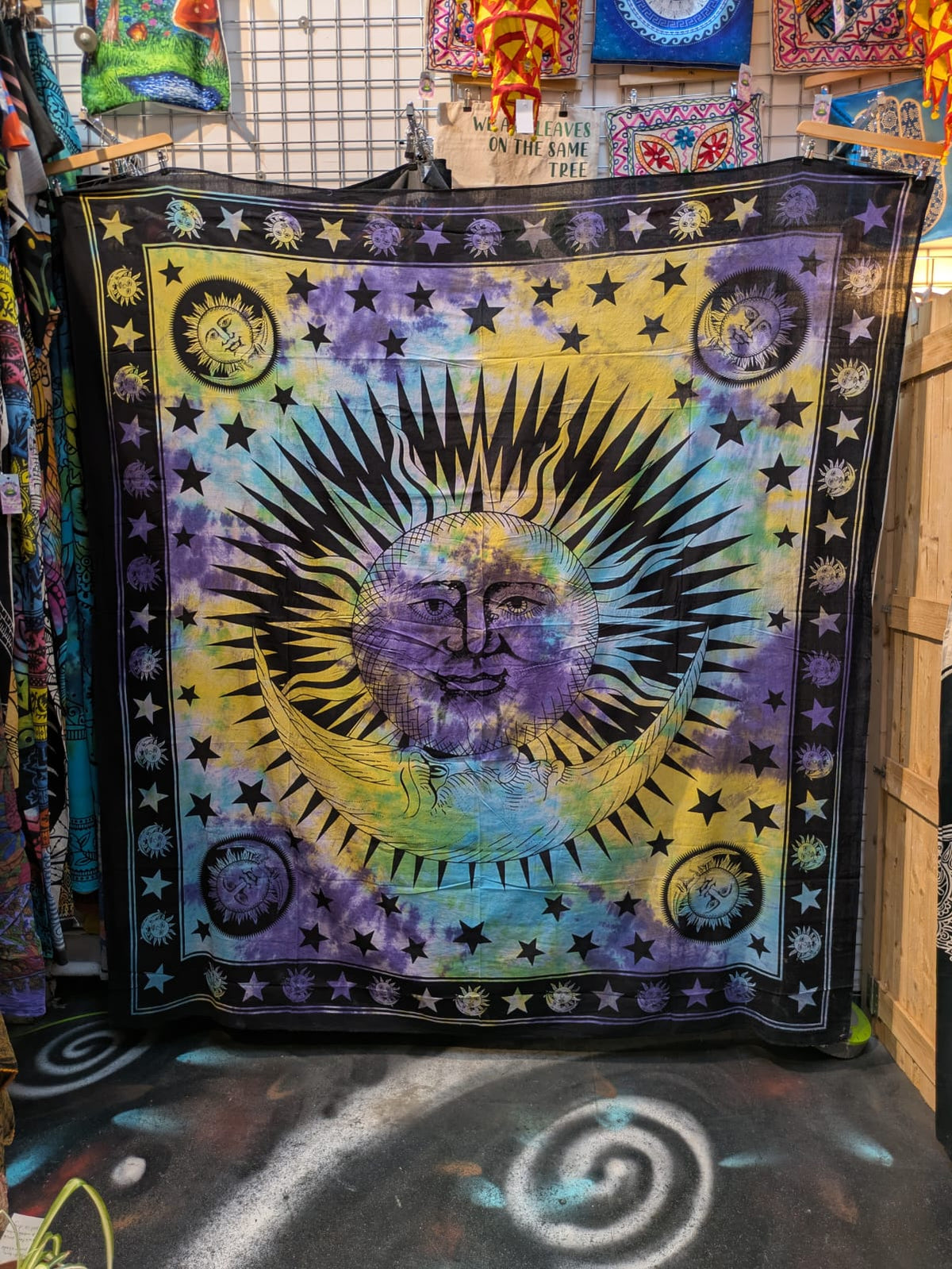 Sun & Moon face Multicolour Traditional Large double bedspread wall hanging tapestry 210cm x 240cm