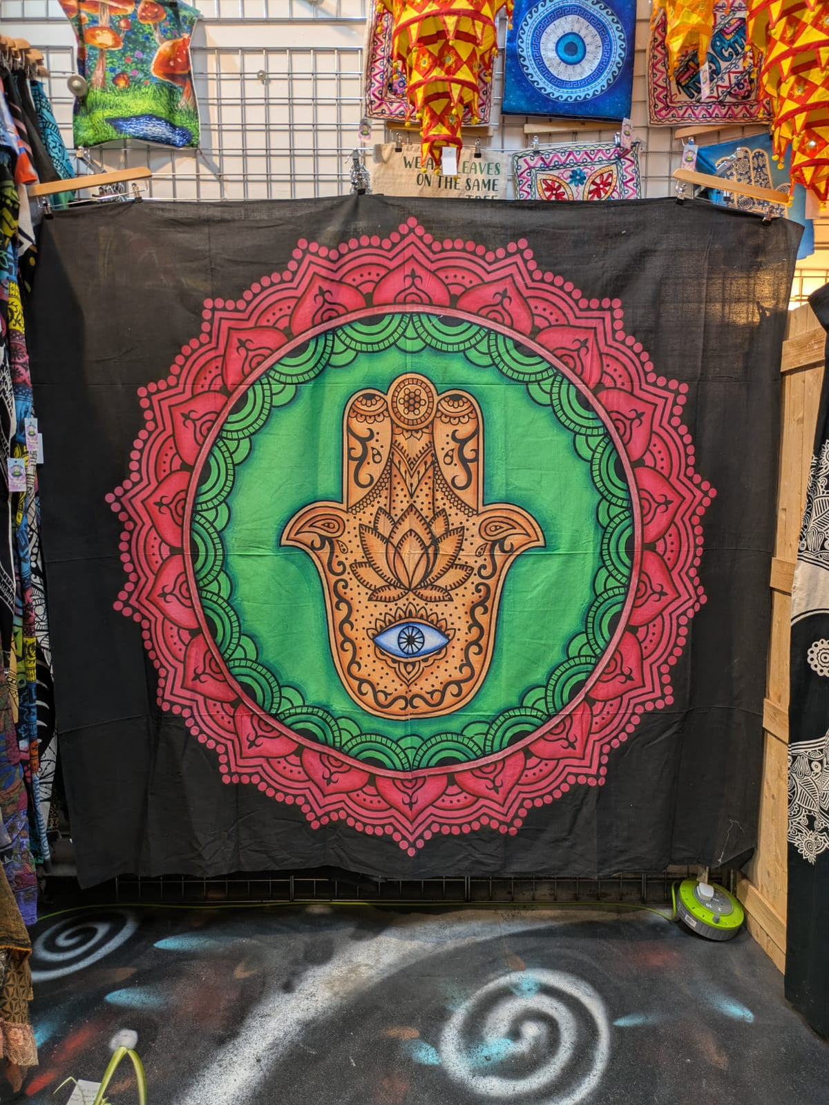Hamsa Hand evil eye Mandala Black with Colour Large bedspread wall hanging tapestry