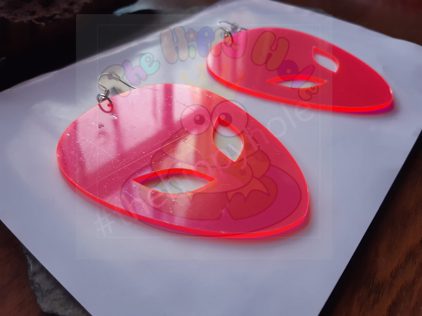 Alien face extra large UV pink translucent 3D drop earrings