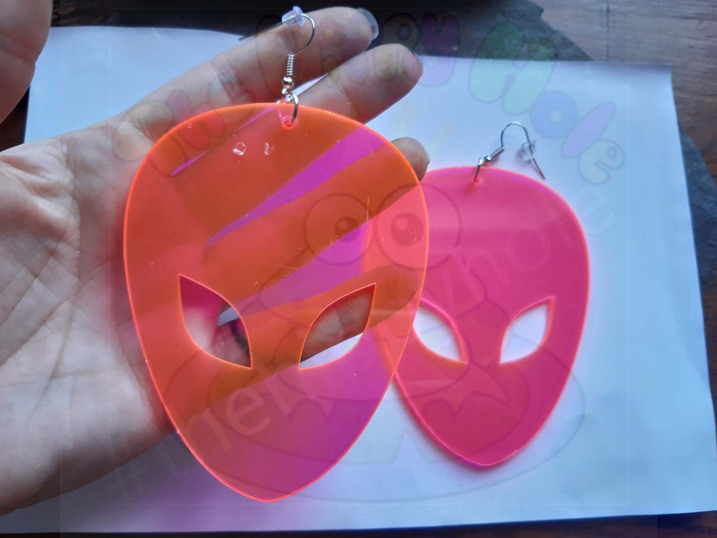 Alien face extra large UV pink translucent 3D drop earrings