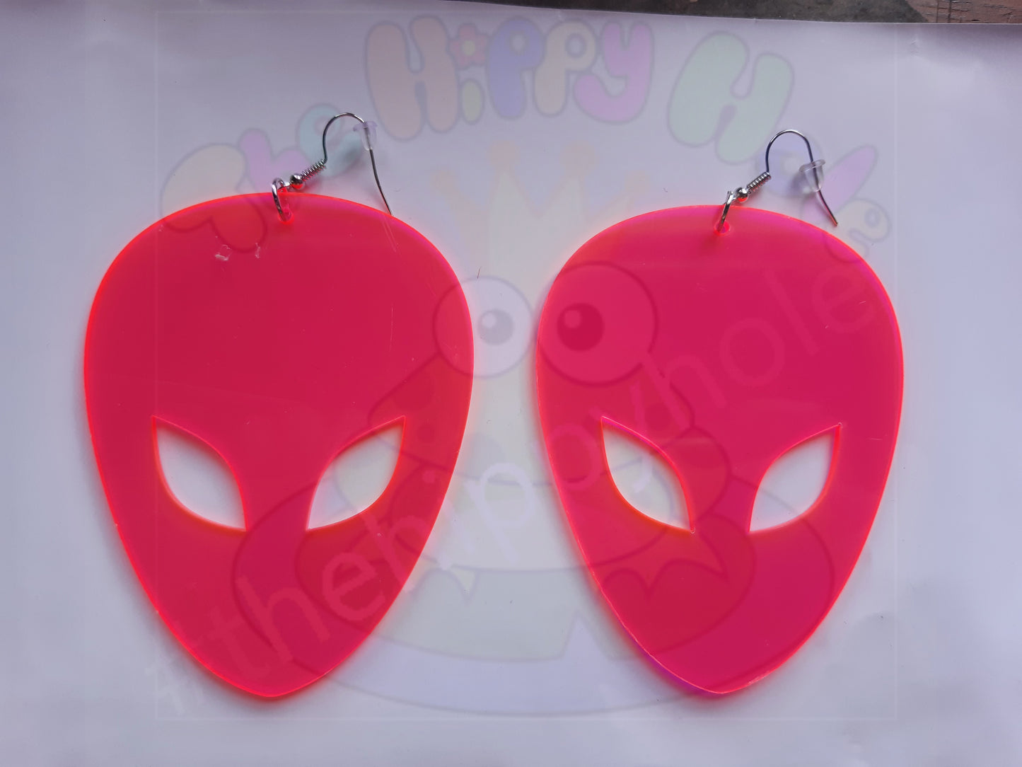 Alien face extra large UV pink translucent 3D drop earrings
