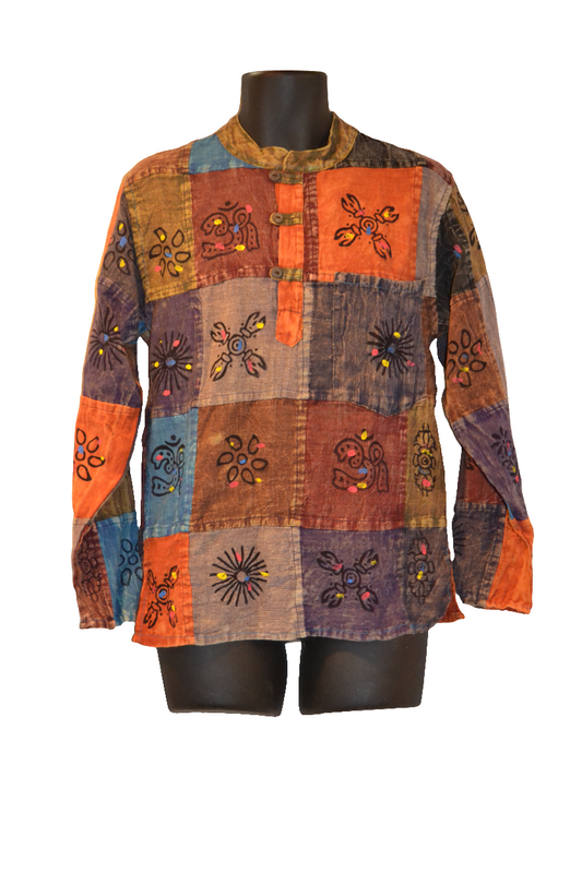 Grandad shirt collarless Hippy patchwork festival top PLAIN