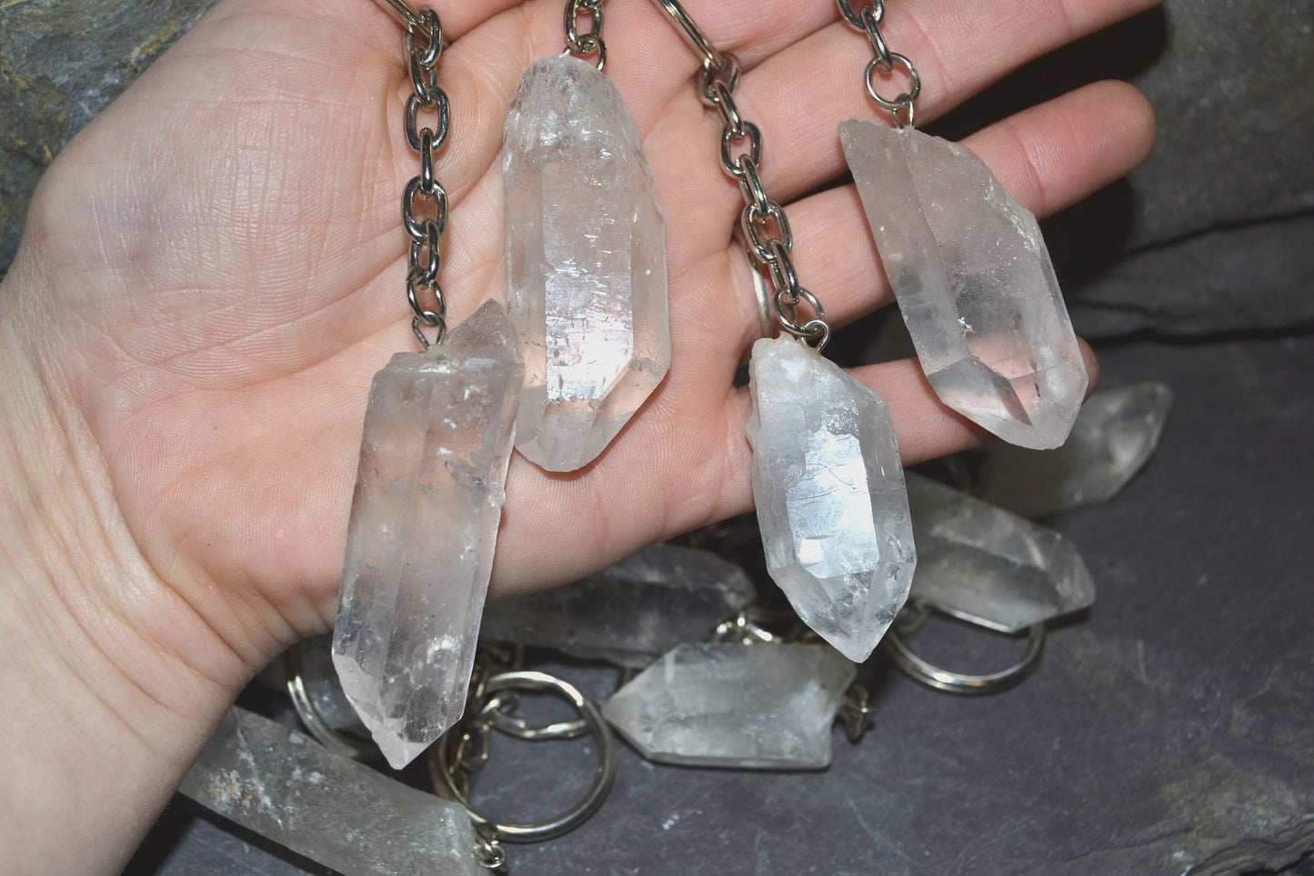 Raw Crystal Keyring healing stone CLEAR QUARTZ reiki chakra protection gemstone