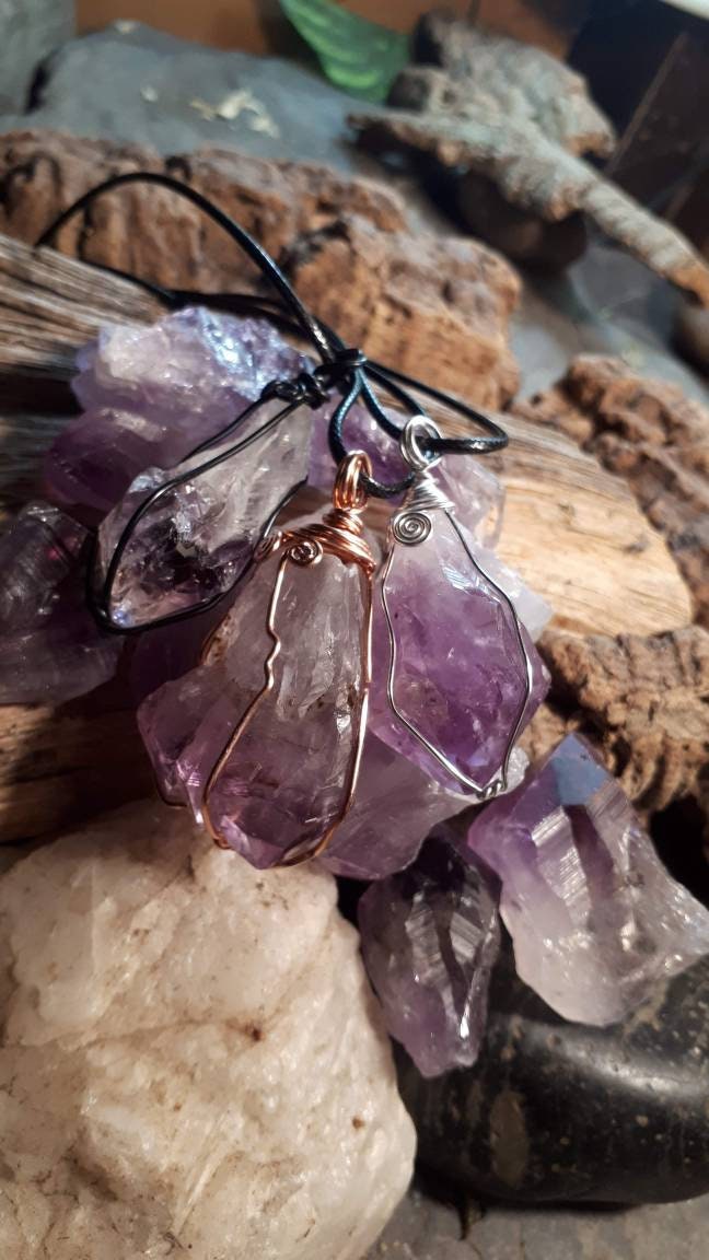 Raw Crystal wire wrapped necklace healing stone AMETHYST reiki chakra protection gemstone