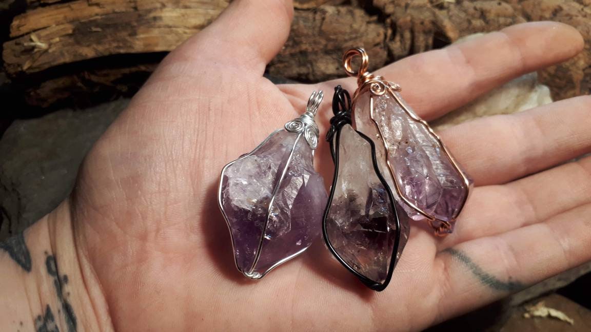 Raw Crystal wire wrapped necklace healing stone AMETHYST reiki chakra protection gemstone