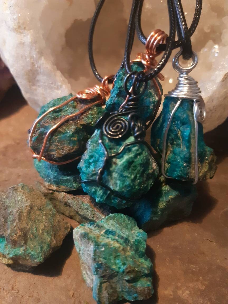 Raw CHRYSOCOLLA wire wrapped necklace healing stone reiki chakra protection gemstone