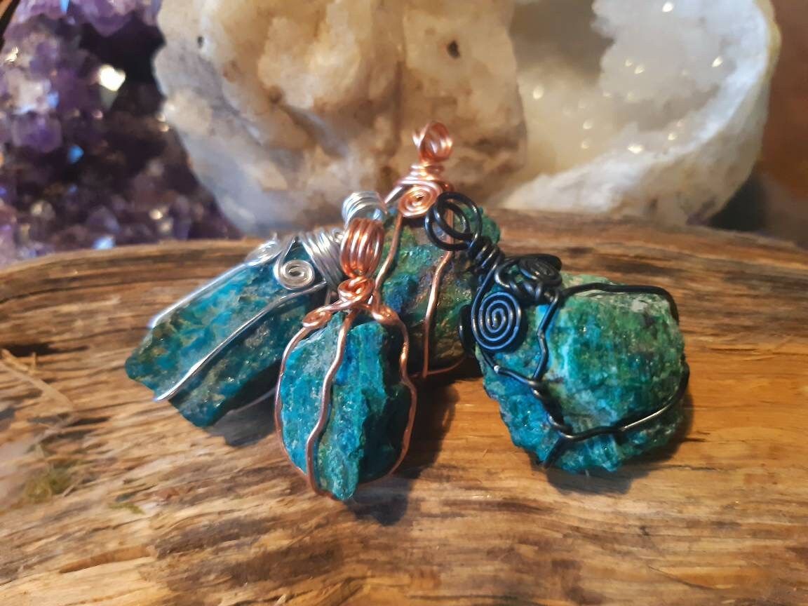 Raw CHRYSOCOLLA wire wrapped necklace healing stone reiki chakra protection gemstone