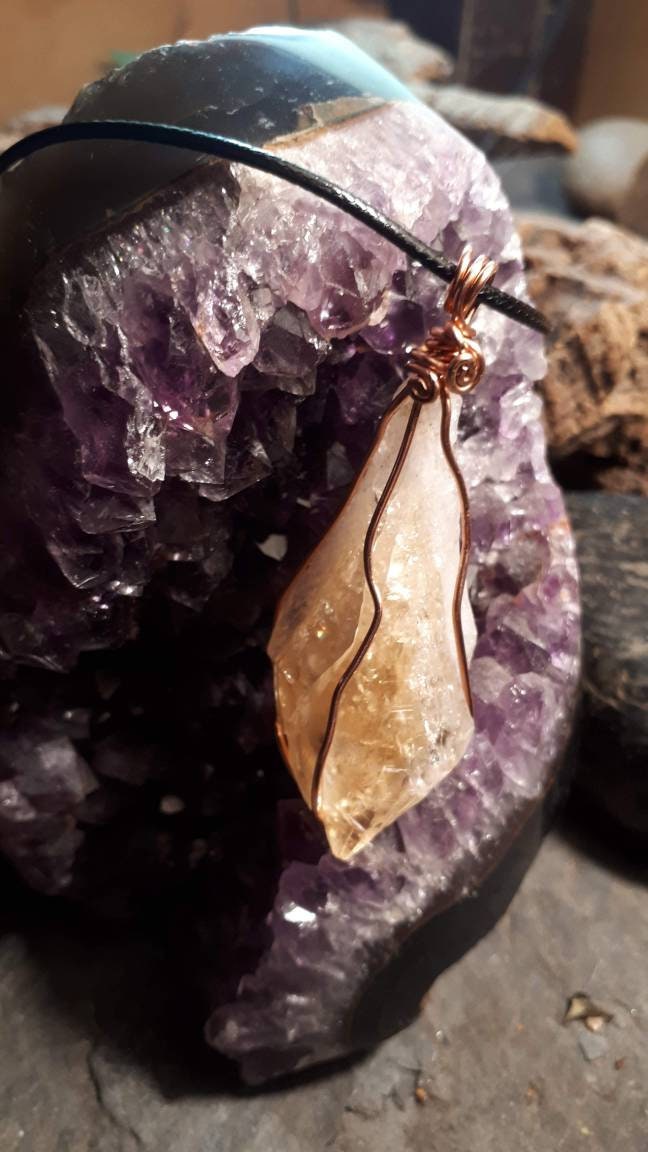 Raw Crystal wire wrapped necklace healing stone CITRINE reiki chakra protection gemstone