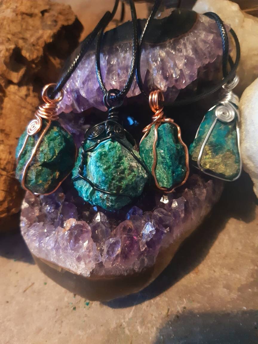 Raw CHRYSOCOLLA wire wrapped necklace healing stone reiki chakra protection gemstone