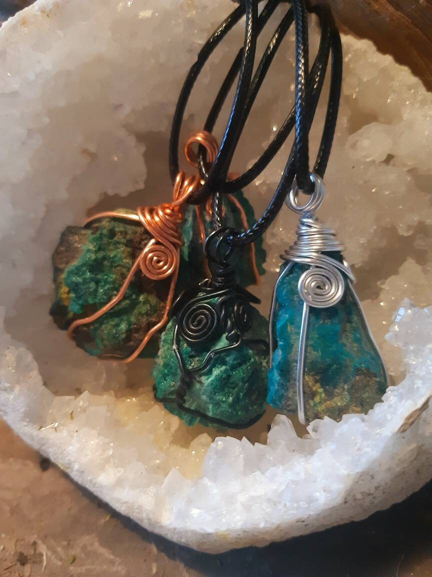 Raw CHRYSOCOLLA wire wrapped necklace healing stone reiki chakra protection gemstone