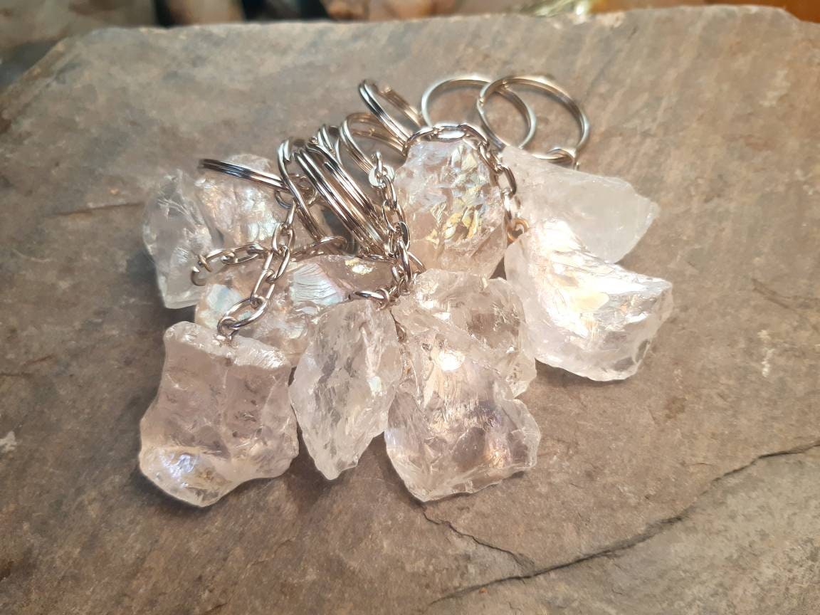 Raw Crystal Keyring healing stone ANGEL AURA QUARTZ reiki chakra protection gemstone