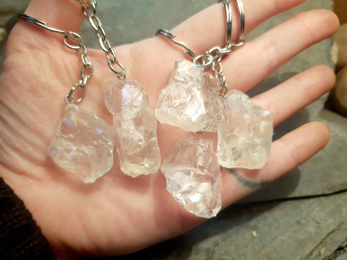 Raw Crystal Keyring healing stone ANGEL AURA QUARTZ reiki chakra protection gemstone