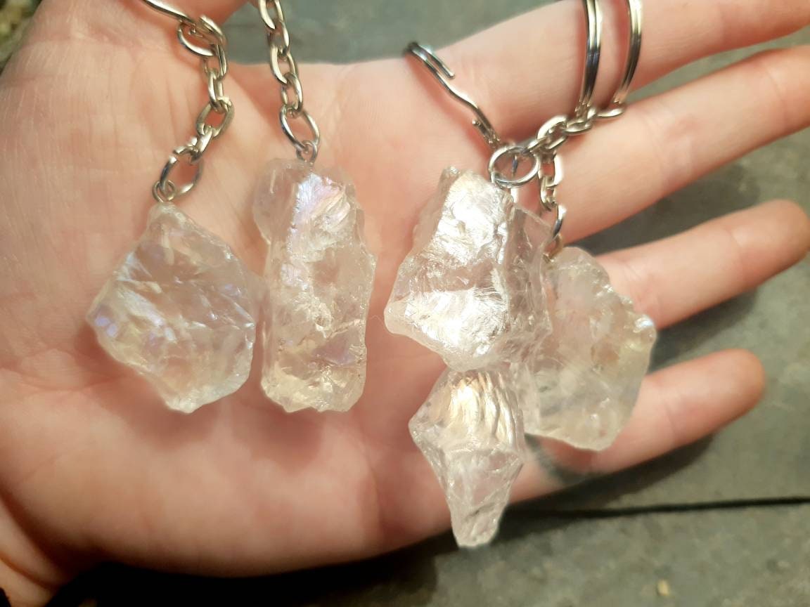 Raw Crystal Keyring healing stone ANGEL AURA QUARTZ reiki chakra protection gemstone