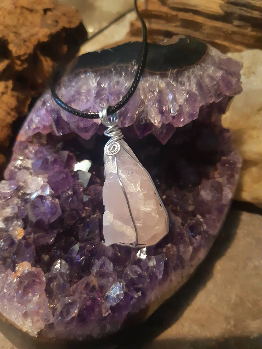 Raw Crystal wire wrapped necklace healing stone ROSE QUARTZ reiki chakra protection gemstone