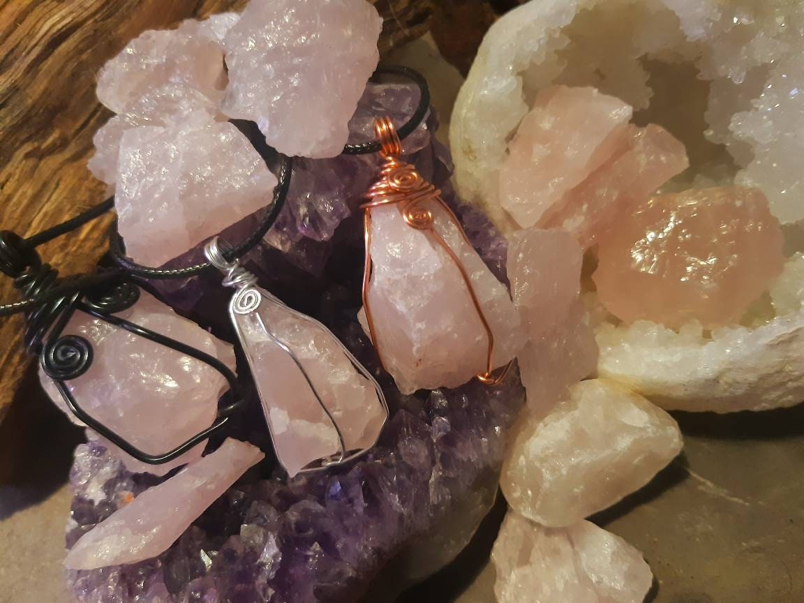 Raw Crystal wire wrapped necklace healing stone ROSE QUARTZ reiki chakra protection gemstone