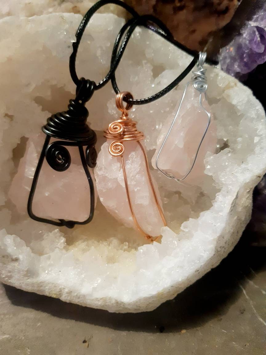 Raw Crystal wire wrapped necklace healing stone ROSE QUARTZ reiki chakra protection gemstone