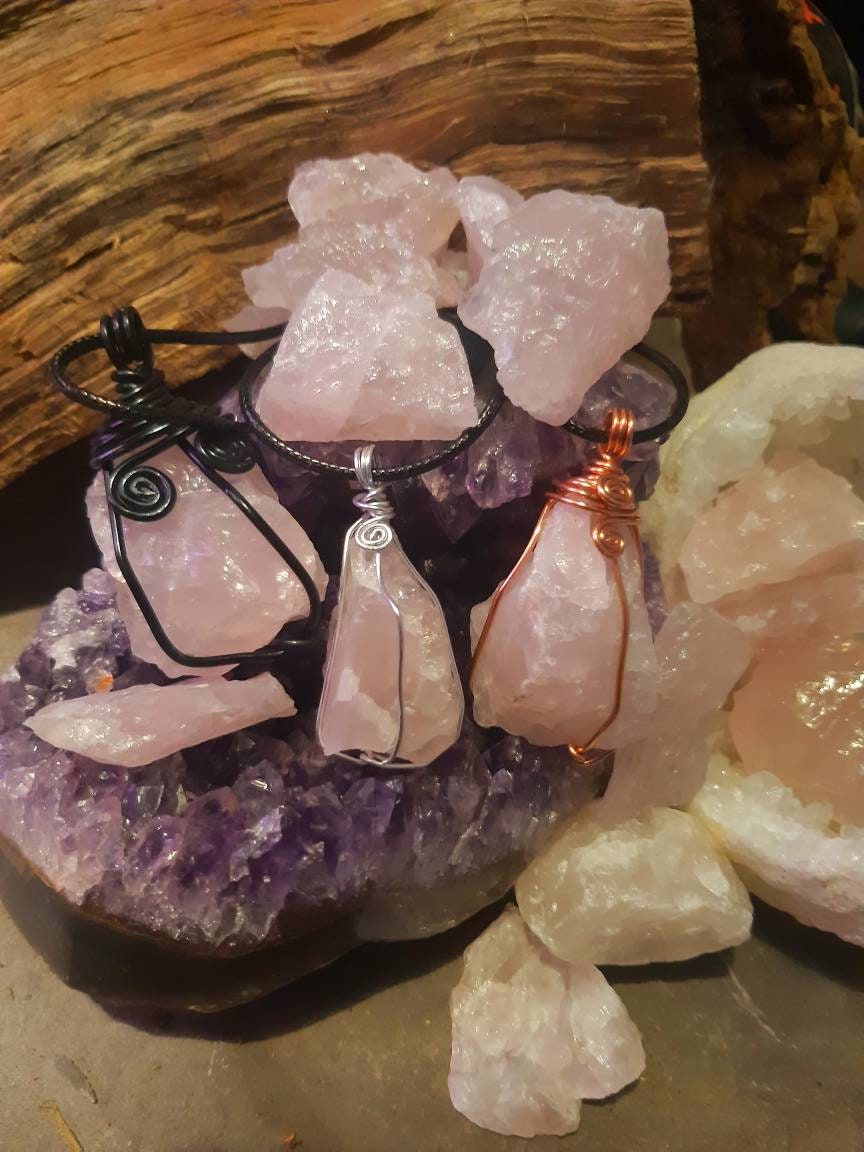 Raw Crystal wire wrapped necklace healing stone ROSE QUARTZ reiki chakra protection gemstone