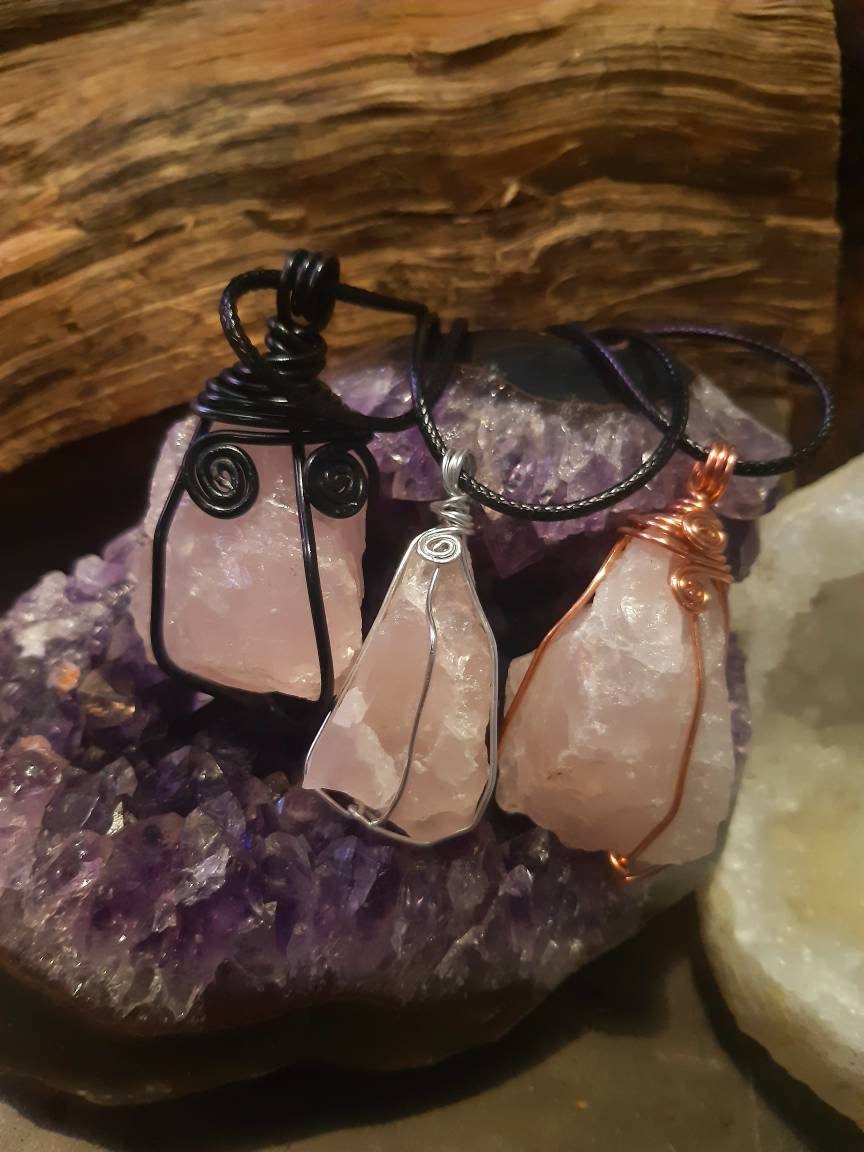 Raw Crystal wire wrapped necklace healing stone ROSE QUARTZ reiki chakra protection gemstone