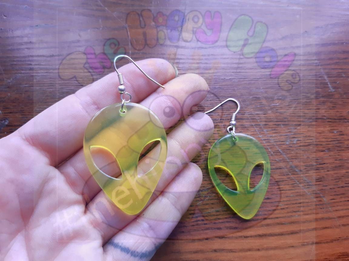 Alien face UV green translucent 3D drop earrings