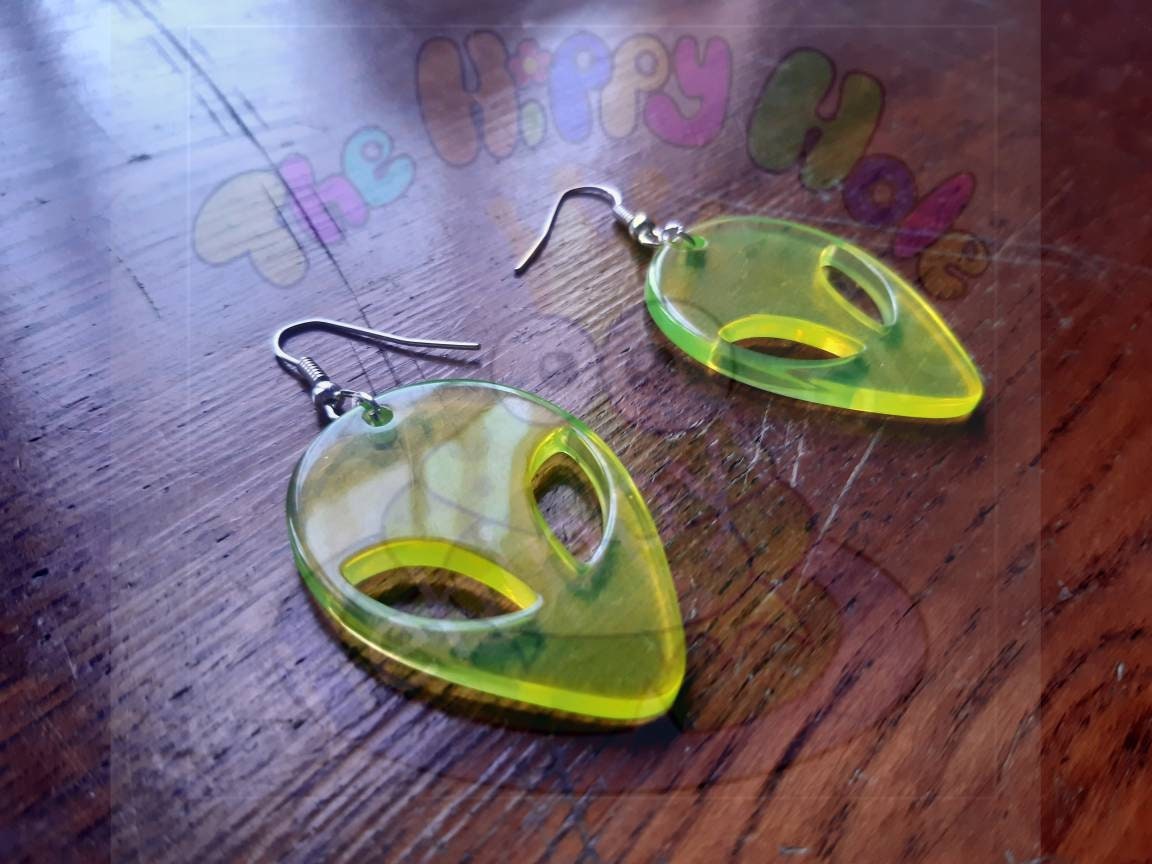 Alien face UV green translucent 3D drop earrings