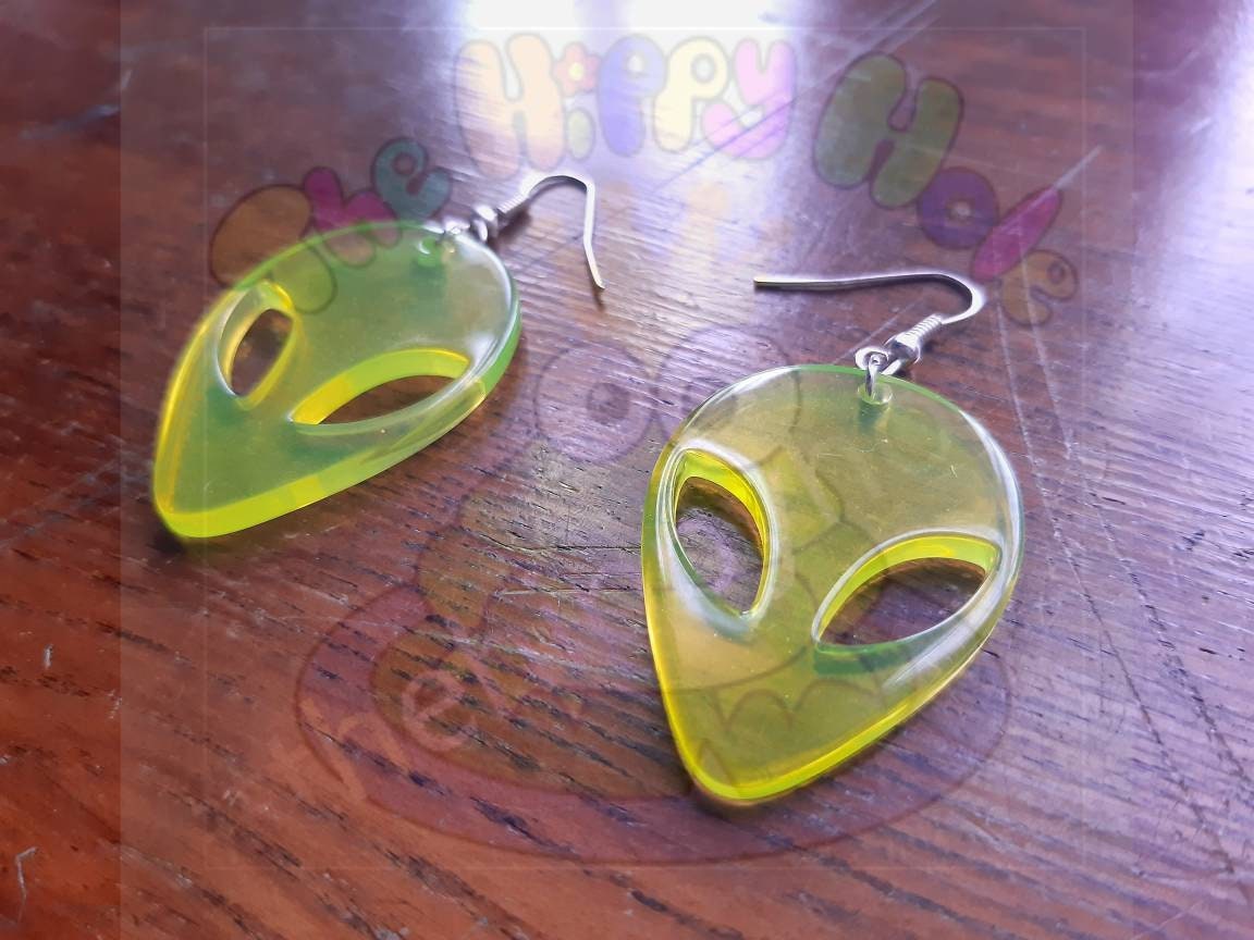 Alien face UV green translucent 3D drop earrings