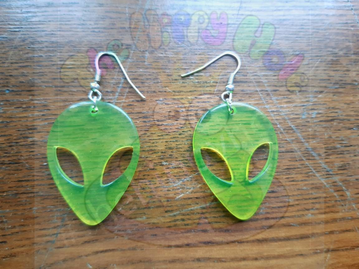 Alien face UV green translucent 3D drop earrings