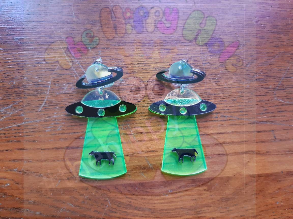 Alien UFO large UV green translucent 3D drop earrings