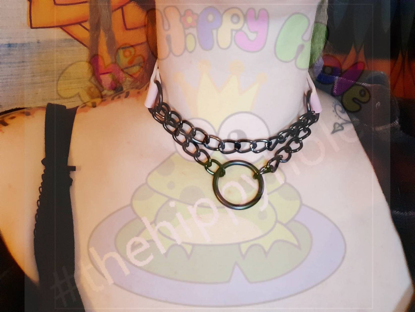 Goth baby pink strap punk collar heart choker chain O ring