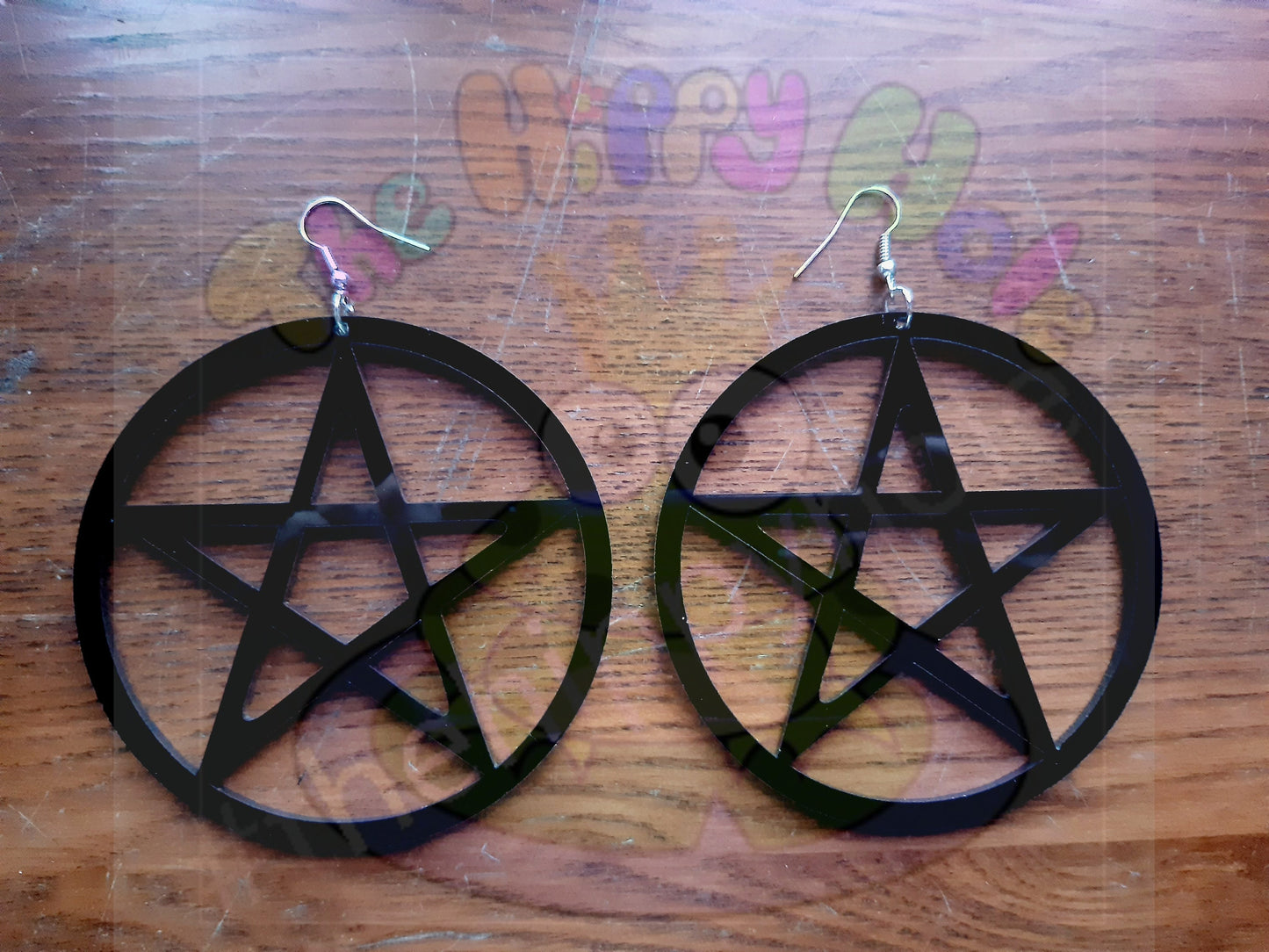 Large black pentagram 3D drop earrings