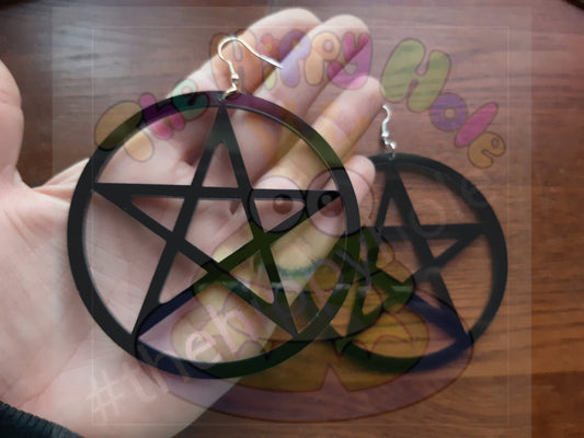 Large black pentagram 3D drop earrings