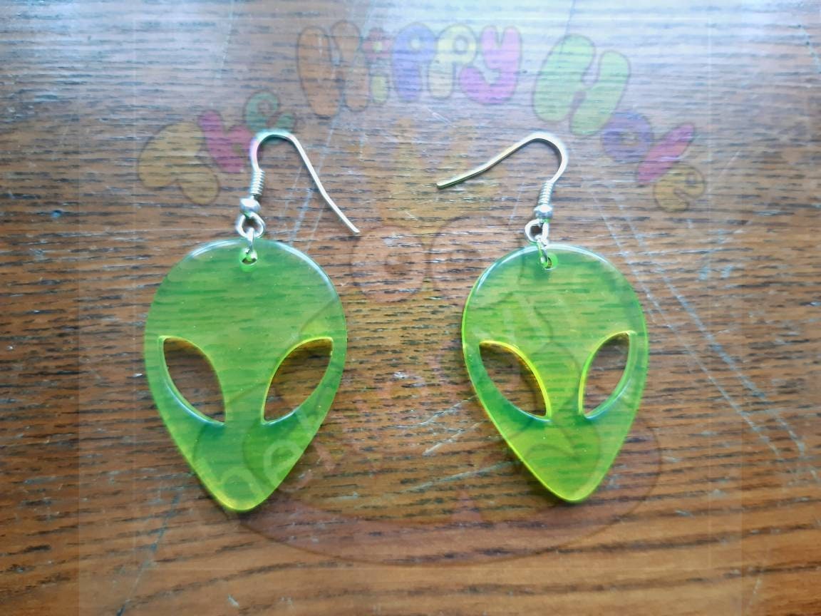 Alien face UV green translucent 3D drop earrings