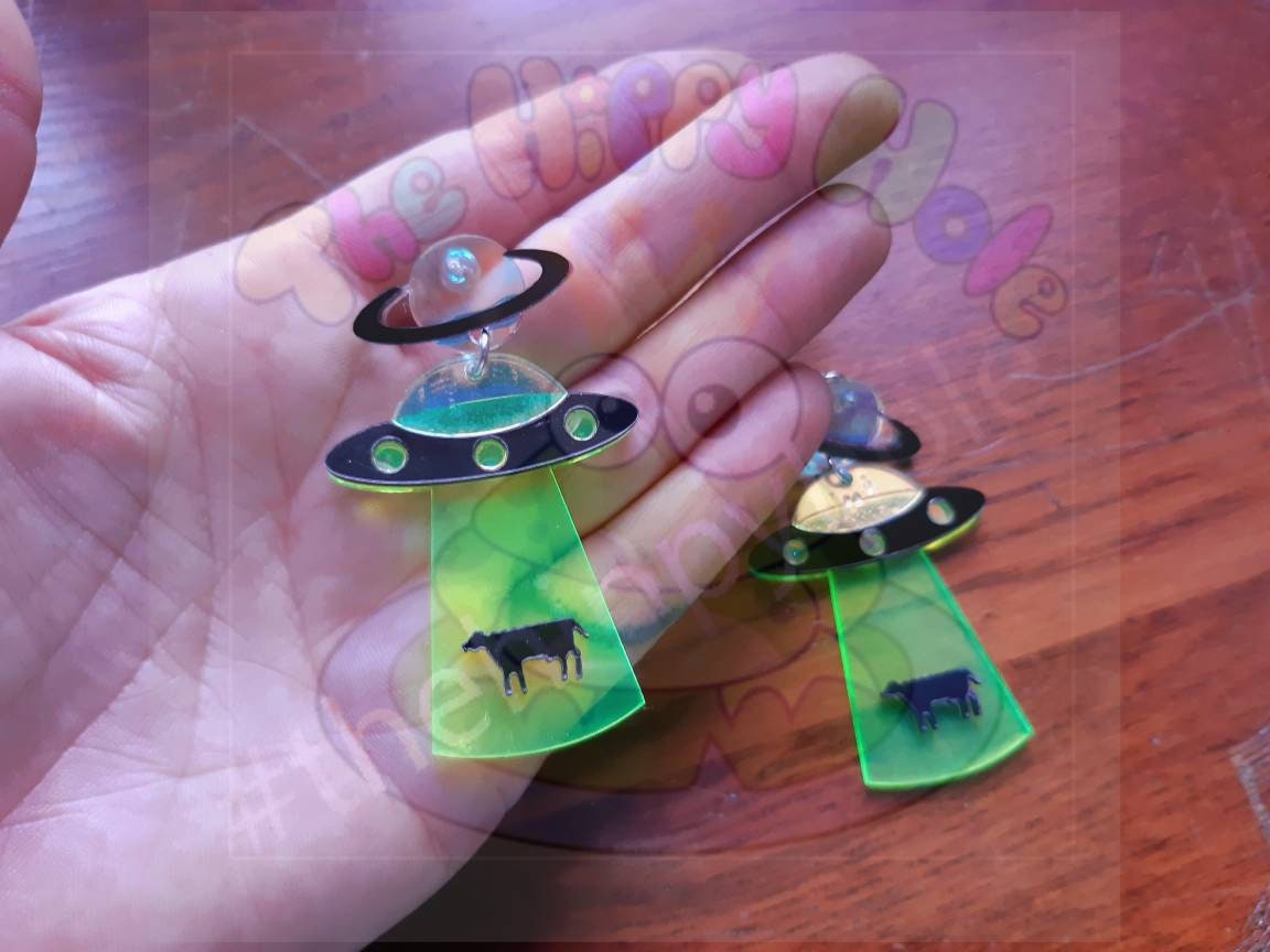 Alien UFO large UV green translucent 3D drop earrings