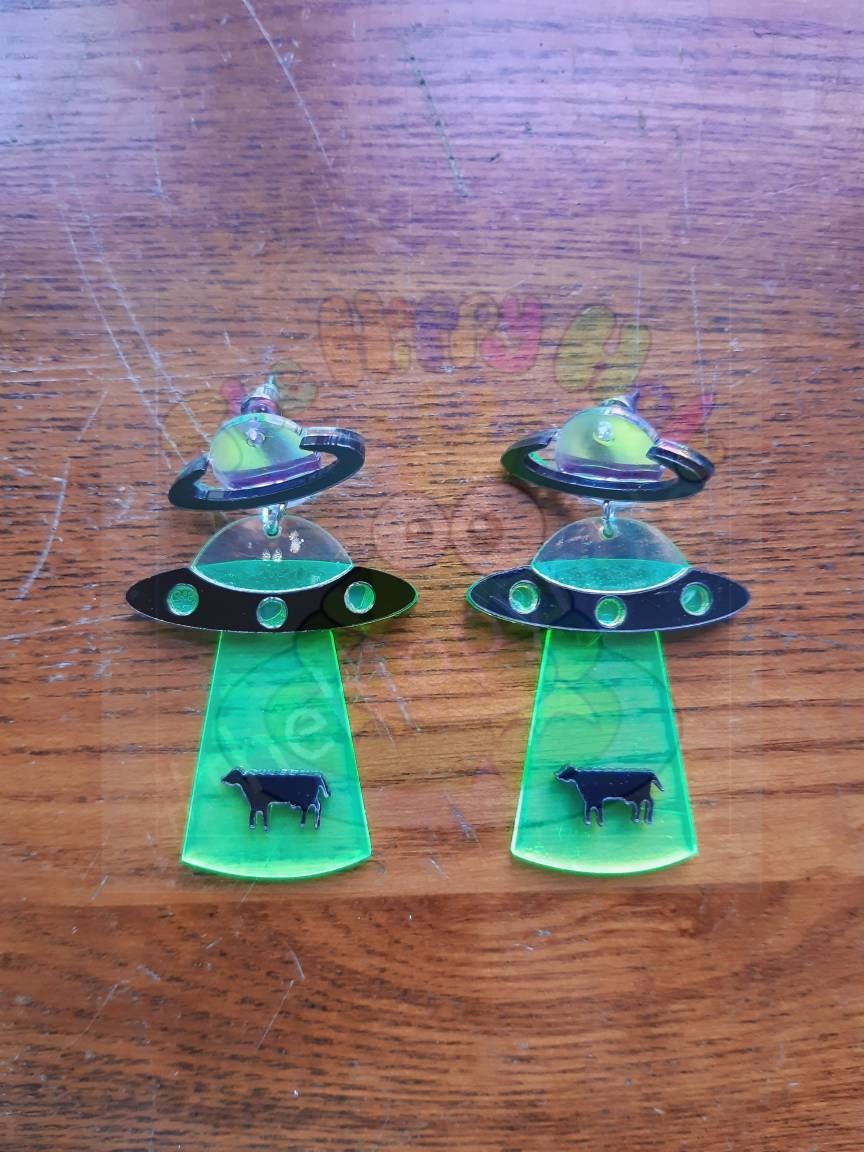 Alien UFO large UV green translucent 3D drop earrings